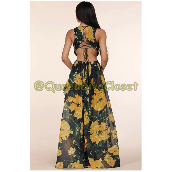 New Yellow Black Floral Double Slit Ruffle Cut out Open Back Lace Up Maxi Dress - Picture 5 of 6